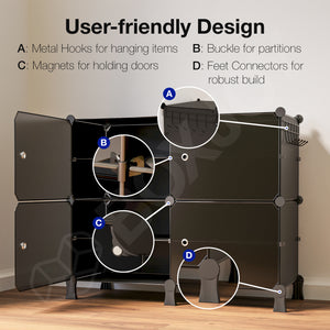 BOXJOY Plastic 8 Shelf Black Shoe Rack with Translucent Doors