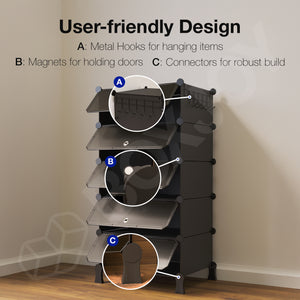 BOXJOY Plastic 5 Shelf Black Shoe Rack with Translucent Door