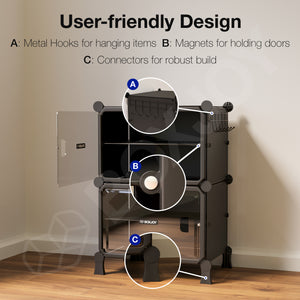 BOXJOY Hard Plastic 4 Shelf Black Shoe Rack with Transparent Door