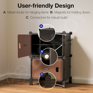 BOXJOY Hard Plastic 4 Shelf Black Shoe Rack with Brown Door