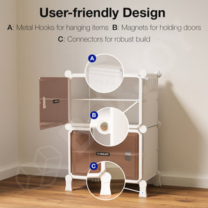 BOXJOY Hard Plastic 4 Shelf White Shoe Rack with Brown Door