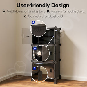 BOXJOY Hard Plastic 6 Shelf Black Shoe Rack with Transparent Door