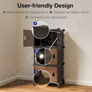 BOXJOY Hard Plastic 6 Shelf Black Shoe Rack with Brown Door