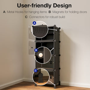 BOXJOY Hard Plastic 8 Shelf Vertical Black Shoe Rack with Transparent Door