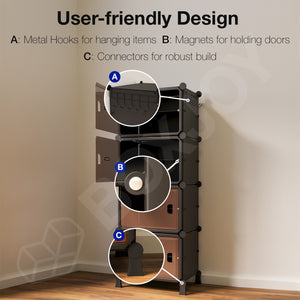 BOXJOY Hard Plastic 8 Shelf Vertical Black Shoe Rack with Brown Door