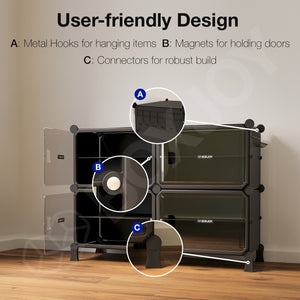 BOXJOY Hard Plastic 8 Shelf Black Shoe Rack with Transparent Door