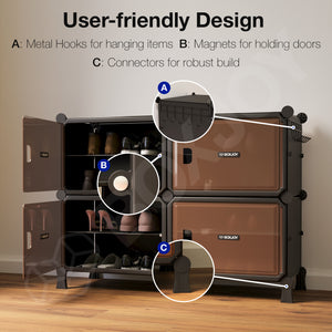 BOXJOY Hard Plastic 8 Shelf Black Shoe Rack with Brown Door