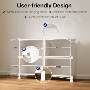 BOXJOY Hard Plastic 8 Shelf White Shoe Rack with Transparent Door