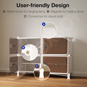 BOXJOY Hard Plastic 8 Shelf White Shoe Rack with Brown Door