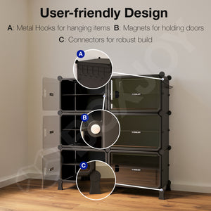 BOXJOY Hard Plastic 12 Shelf Black Shoe Rack with Transparent Door