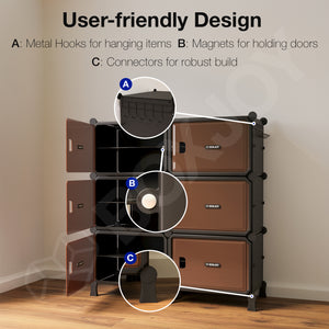 BOXJOY Hard Plastic 12 Shelf Black Shoe Rack with Brown Door