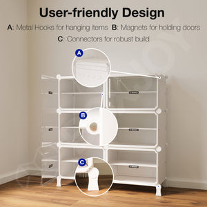 BOXJOY Hard Plastic 12 Shelf White Shoe Rack with Transparent Door