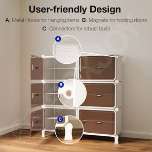 BOXJOY Hard Plastic 12 Shelf White Shoe Rack with Brown Door