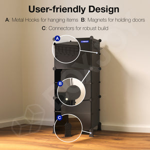 BOXJOY Plastic 6 Shelf Black Shoe Rack with Translucent Doors