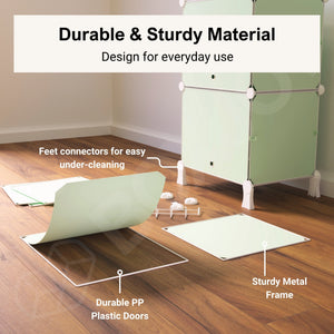 Durable material of the 6 shelf green shoe wardrobe, showing a sturdy metal frame, feet connectors, and a flexible green PP plastic panel.