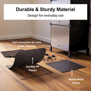 Durable material of the black shoe wardrobe with 6 shelfs, displaying feet connectors, a sturdy metal frame, and flexible PP plastic.