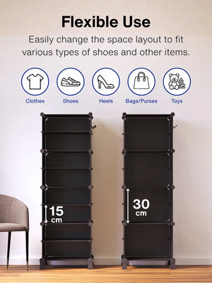 Flexible layout of the 8 black modular shelfs, illustrating customizable 15 cm and 30 cm inner spacing options for different shoe sizes.