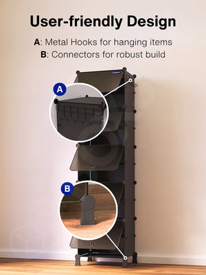 User-friendly design of the 10 black shelfs highlighting side metal hooks and connectors.