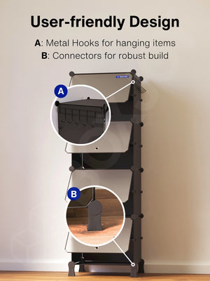 User-friendly design of the 8 black shelfs highlighting side metal hooks and connectors.