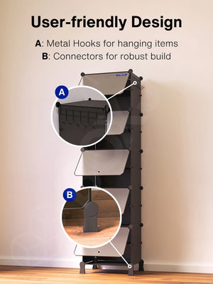 User-friendly design of the 10 black shelfs highlighting side metal hooks and connectors.