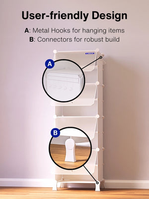User-friendly design of the 8 white shelfs highlighting side metal hooks and sturdy connectors.
