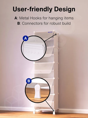 User-friendly design of the 10 white shelfs highlighting side metal hooks and sturdy connectors.