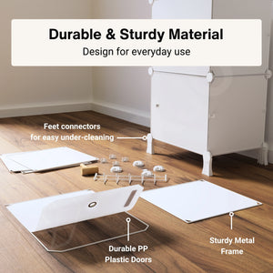 Durable material of the white wardrobe with 6 shelfs showing a metal frame and plastic doors.
