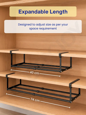 Expandable length of the hanging shelfs adjusting from 40 cm to 74 cm to fit space requirements.