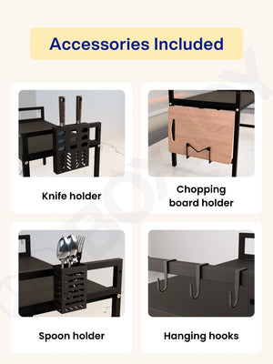 Accessories included with the microwave shelfs featuring a knife holder, chopping board holder, spoon holder, and hooks.