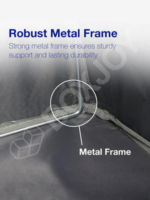 Robust metal frame of the grey storage box ensuring sturdy support and lasting durability.