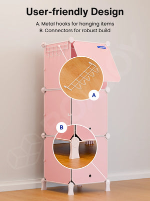 User-friendly design of the pink kids wardrobe with 6 shelfs showing metal hooks and connectors.