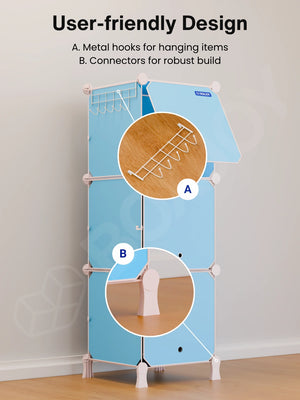 User-friendly design of the blue kids wardrobe with 6 shelfs showing metal hooks and connectors.