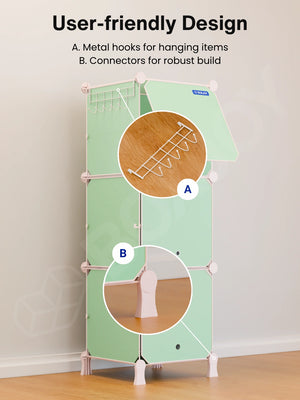 User-friendly design of the green kids wardrobe with 6 shelfs showing metal hooks and connectors.