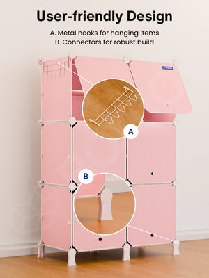 User-friendly design of the pink kids wardrobe with 12 shelfs showing metal hooks and connectors.