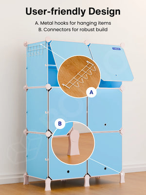 Easy to assemble BOXJOY Plastic 12 Shelf Blue Kids Wardrobe shown partially built without tools.