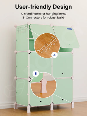 User-friendly design of the green kids wardrobe with 12 shelfs showing metal hooks and connectors.