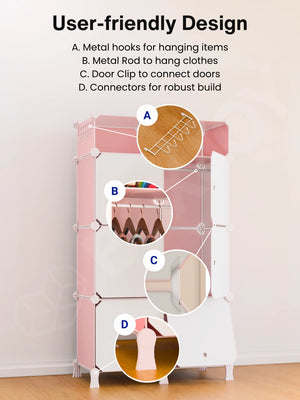 User-friendly wardrobe design with 7 shelfs showing metal hooks, a hanging rod, door clips, and connectors.