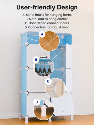 User-friendly wardrobe design with 7 shelfs showing metal hooks, a hanging rod, door clips, and connectors.