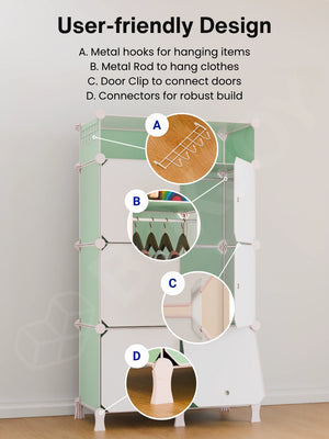 User-friendly wardrobe design with 7 shelfs showing metal hooks, a hanging rod, door clips, and connectors.