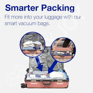 Smarter packing graphic showing how BOXJOY vacuum bags compress clothes to fit more into a suitcase.