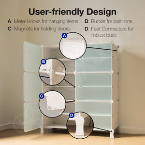 BOXJOY Plastic 12 Shelf White Cloth Rack with Translucent Doors