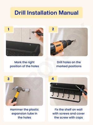 Product highlights of the bathroom shelfs featuring a towel hanging rod, sliding hook, thickened metal, and guardrail.