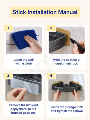 Corner shelfs holding toiletries alongside feature icons for sturdy built, DIY installation, and moisture resistance.