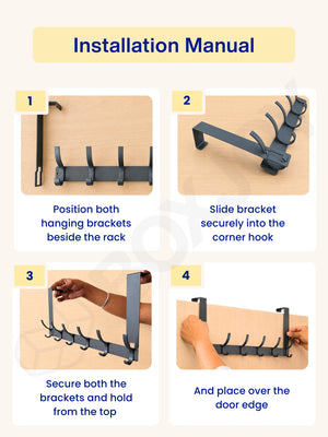 Four-step installation manual showing how to quickly assemble and place the hook hanger over a door edge.