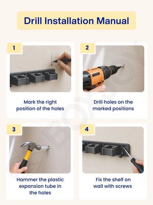 Four-step drill installation manual detailing how to mount the grey organizer on a wall using screws.