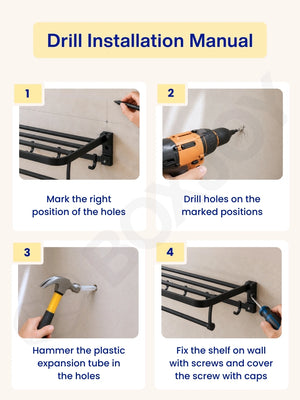 Four-step drill installation manual detailing how to mount the bathroom shelfs using screws.