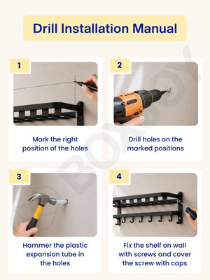Four-step drill installation manual detailing how to mount the bathroom shelfs using screws.