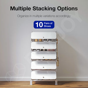 BOXJOY Plastic 5 Shelf White Shoe Rack with White Doors