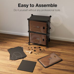 BOXJOY Hard Plastic 6 Shelf Black Shoe Rack with Brown Door