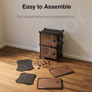 BOXJOY Hard Plastic 8 Shelf Vertical Black Shoe Rack with Brown Door